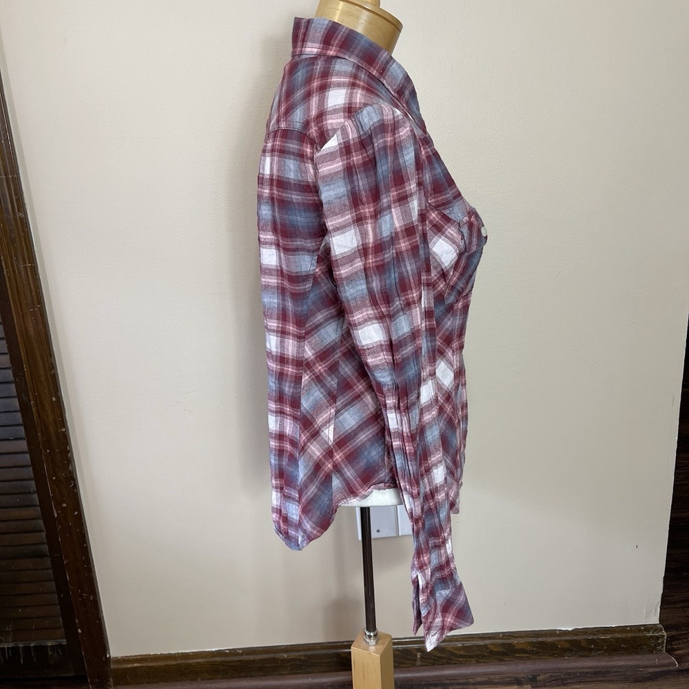 Lucky Brand Blouse Women's Medium Button Up Long Sleeve Plaid‎ Red Pink - Picture 4 of 7